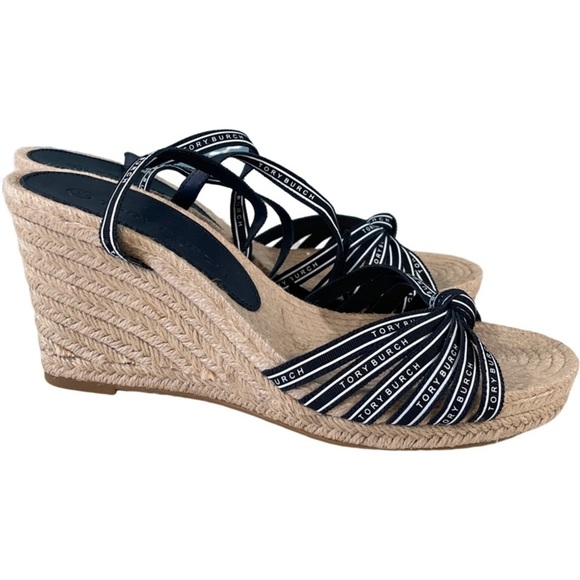 Tory Burch Ribbon Espadrille Wedge Jute Sandal Perfect Navy Size 10M - Picture 4 of 8
